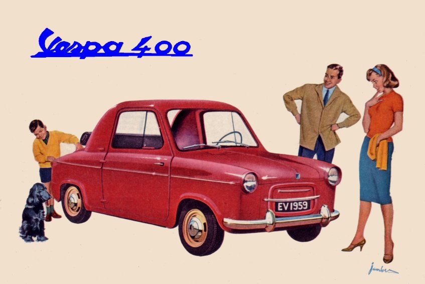 Pubicité de 1959 présentant la Vespa 400 pour un couple avec un enfant et un chien ...